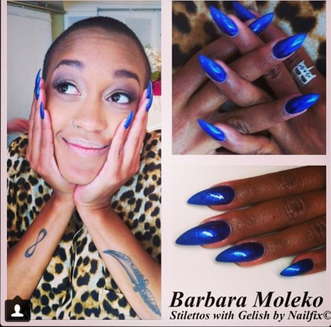 Barabara Moleko With metallic blue stilettoes